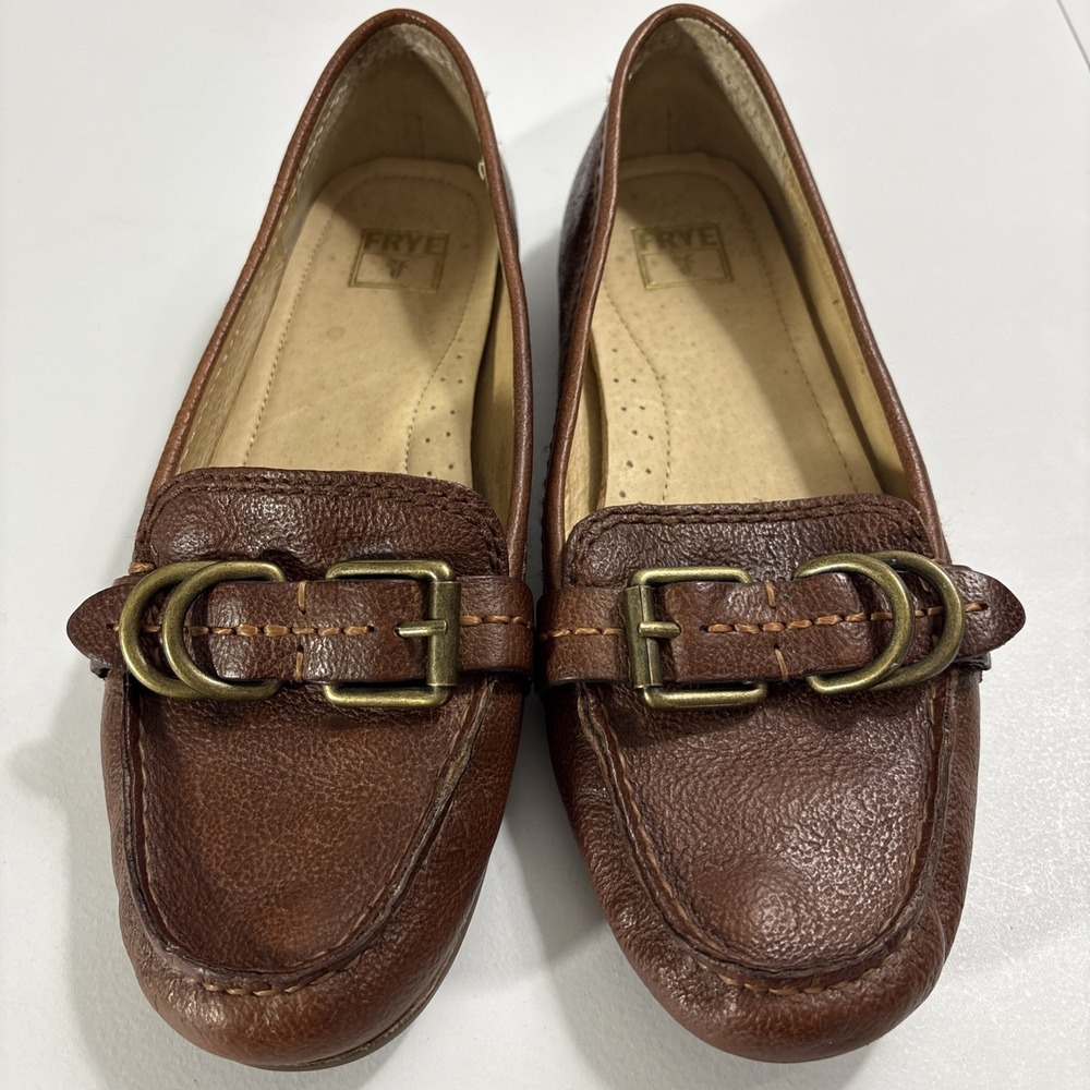 Frye Brown Pebbled Janet Leather Moccasin Buckle Loafers Flats Slip On Size 7.5M